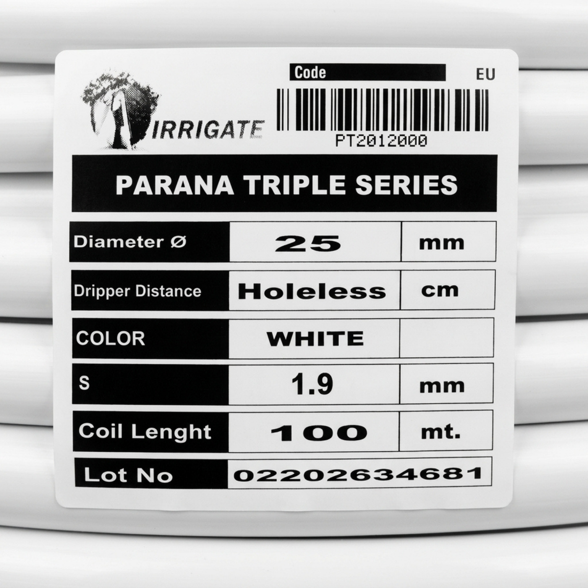 Irrigate PE-slang – Ongeperforeerd – Ø20 mm & Ø25 mm – 3-laags wit/zwart/wit