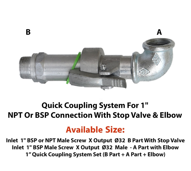 Yüzüak Snelkoppeling 1" NPT/BSP met stopklep en elleboog